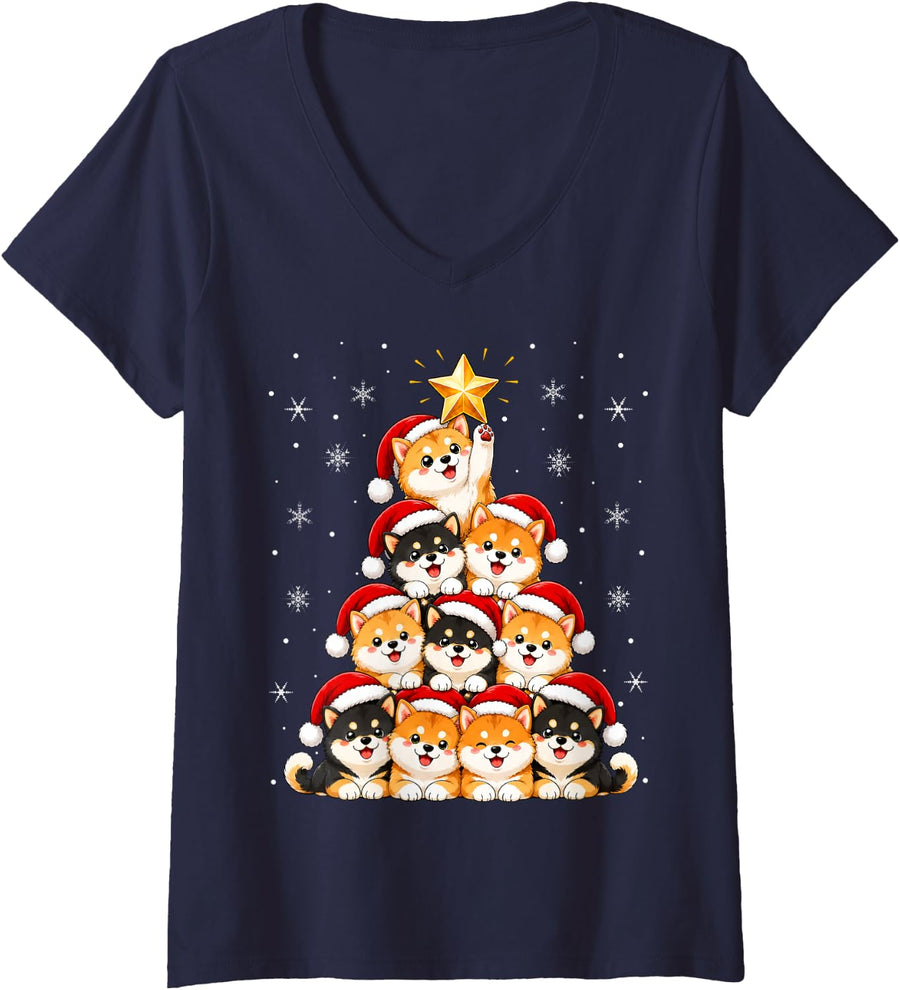 Women's Cute Santa Hat Shiba Inu Dog Puppies Christmas Tree V-Neck T-Shirt - Navy Blue