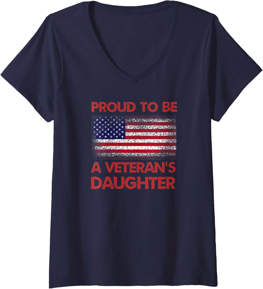 Womens Proud To Be A Veteran's Daughter American Vet V-Neck T-Shirt - Navy Blue