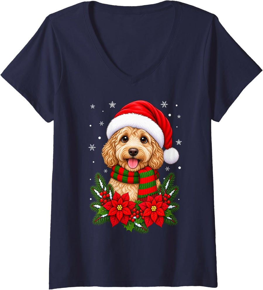 Women's Cute Festive Flowers Santa Hat Labradoodle Dog Christmas V-Neck T-Shirt - Navy Blue