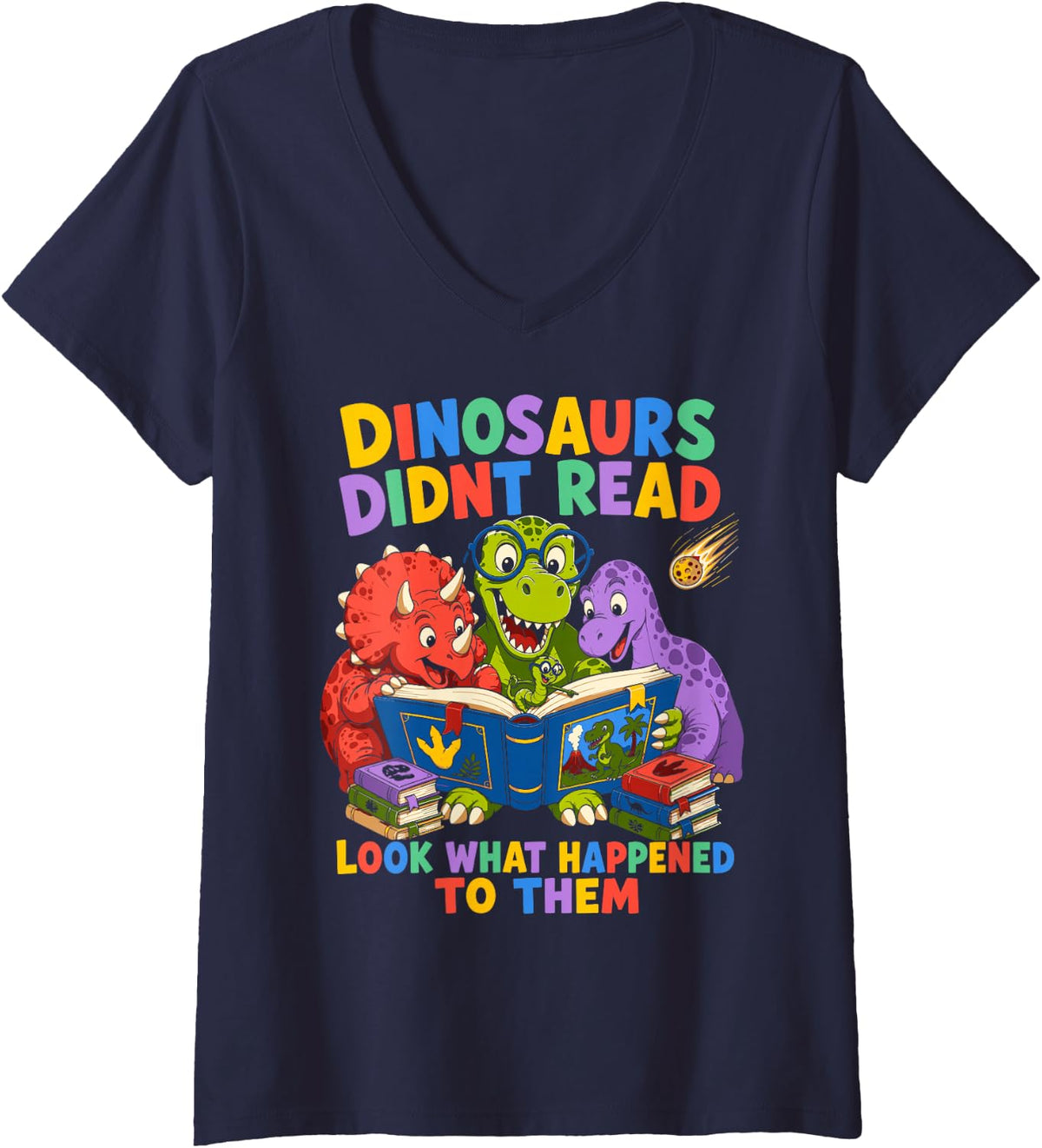 Women's Reading Dinosaurs Didn't Read Dino Trio Book Club Fan V-Neck T-Shirt - Navy Blue