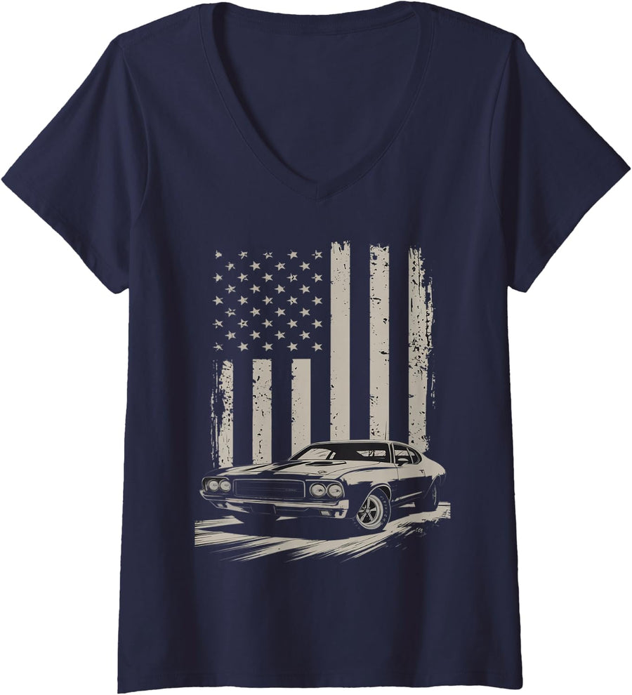Women's Vintage American USA Flag Muscle Car Enthusiast Fan Men Guy V-Neck T-Shirt - Navy Blue