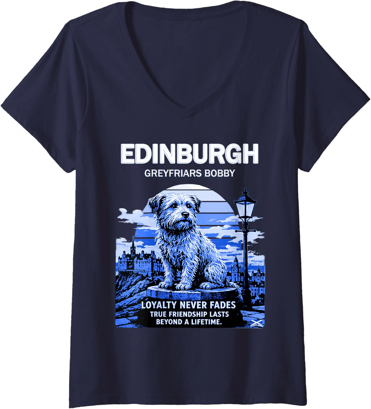 Women's Retro Edinburgh Greyfriars Bobby Scotland Heritage Festival V-Neck T-Shirt - Navy Blue