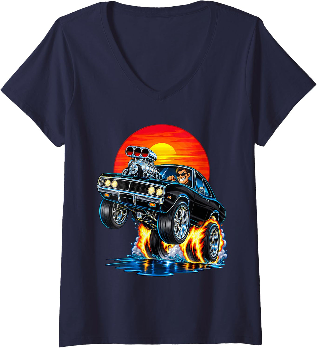 Women's Muscle Car Racing Wheelie American Car Men Dad Birthday V-Neck T-Shirt - Navy Blue