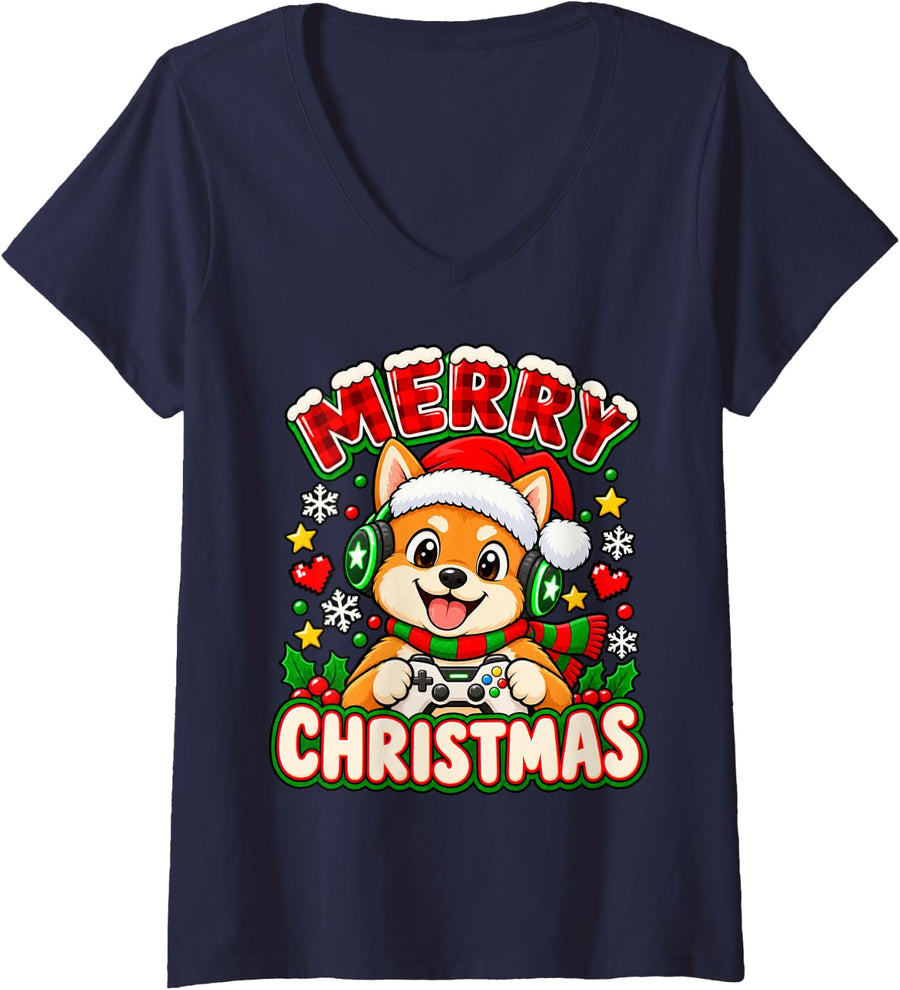Women's Merry Christmas Joyful Shiba Inu Gamer Holiday Graphic V-Neck T-Shirt - Navy Blue