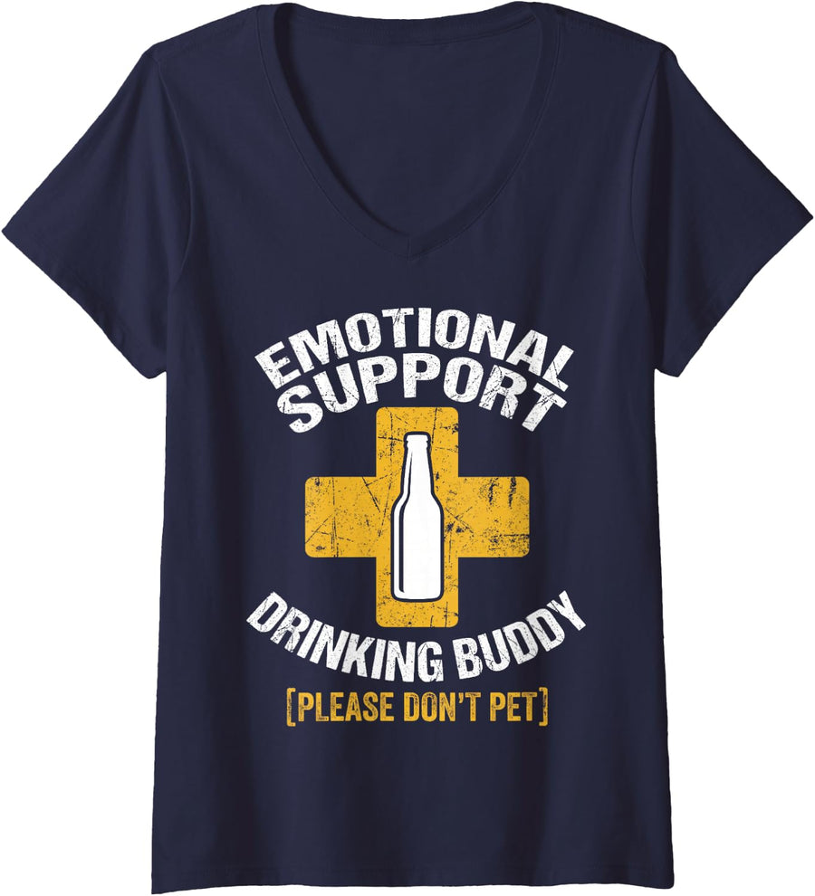 Women's Moral Support Drinking Buddy Funny Beer Lover Pub V-Neck T-Shirt - Navy Blue