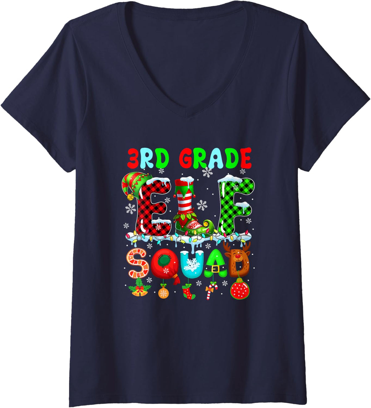 Women's 3rd Grade Elf Squad Christmas Colorful Teacher Students Team V-Neck T-Shirt - Navy Blue