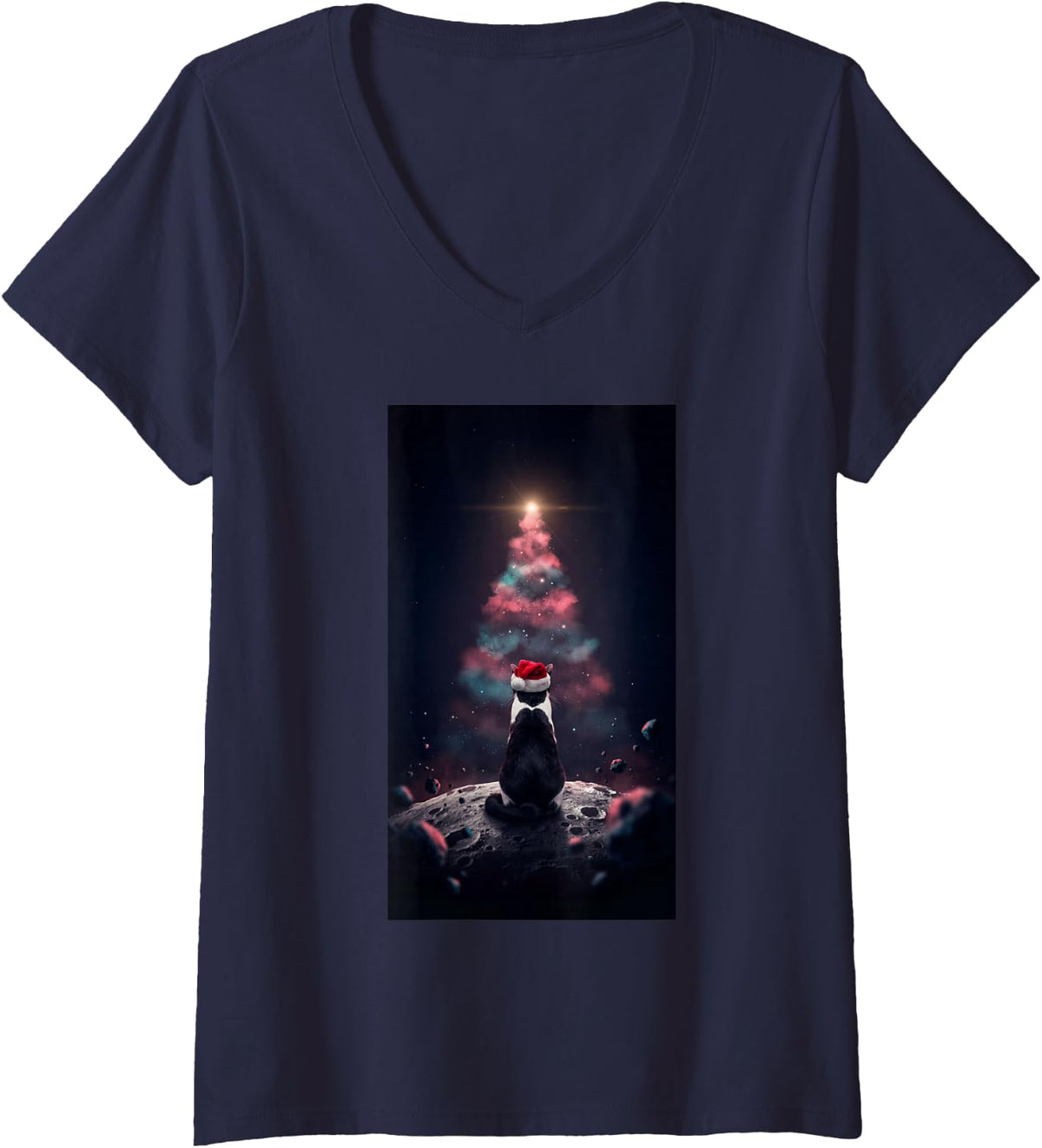 Women's Tuxedo Cat Santa Hat Nebula Christmas Tree Space Cat Lover V-Neck T-Shirt - Navy Blue
