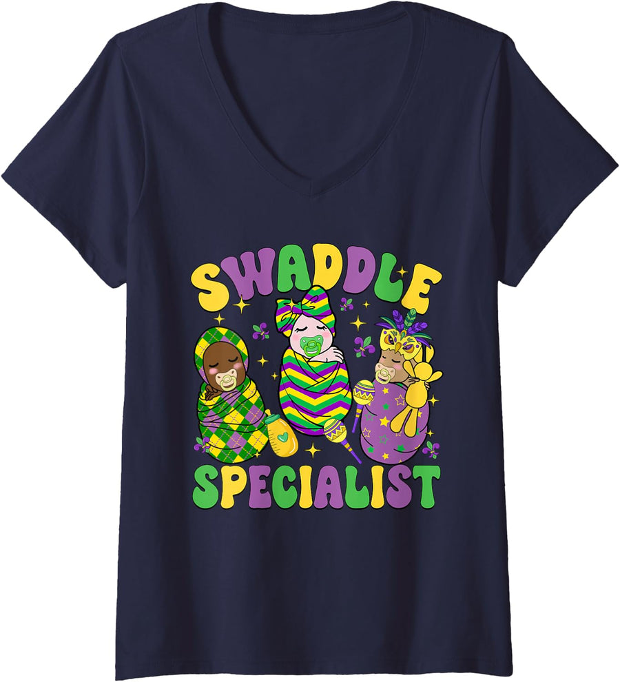 Women's Swaddle Specialist NICU Nurse Squad Mardi Gras Carnival V-Neck T-Shirt - Navy Blue