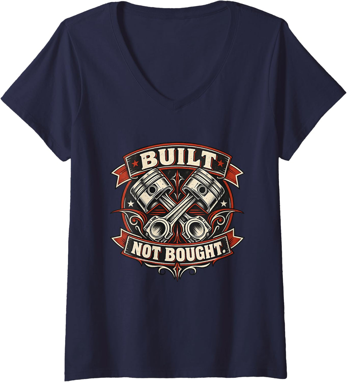Women's Built Not Bought Mechanic Pistons Car Dad Guy Fathers Day V-Neck T-Shirt - Navy Blue