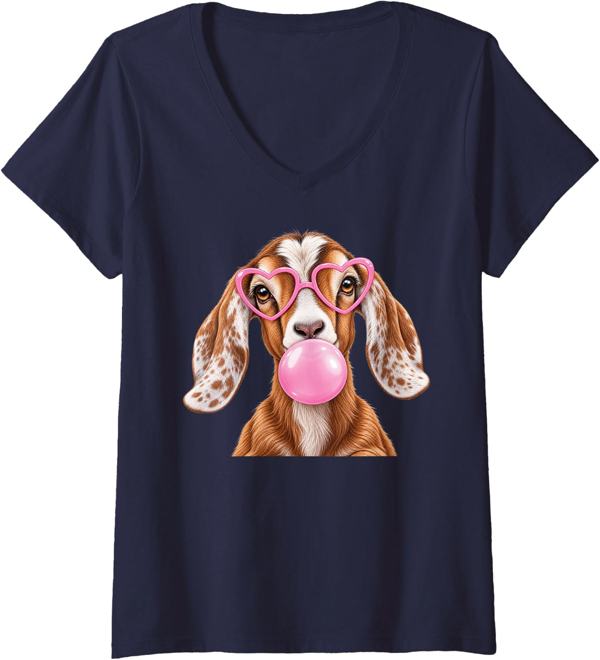 Women's Cute Goats Sunglasses V-Neck T-Shirt - Navy Blue