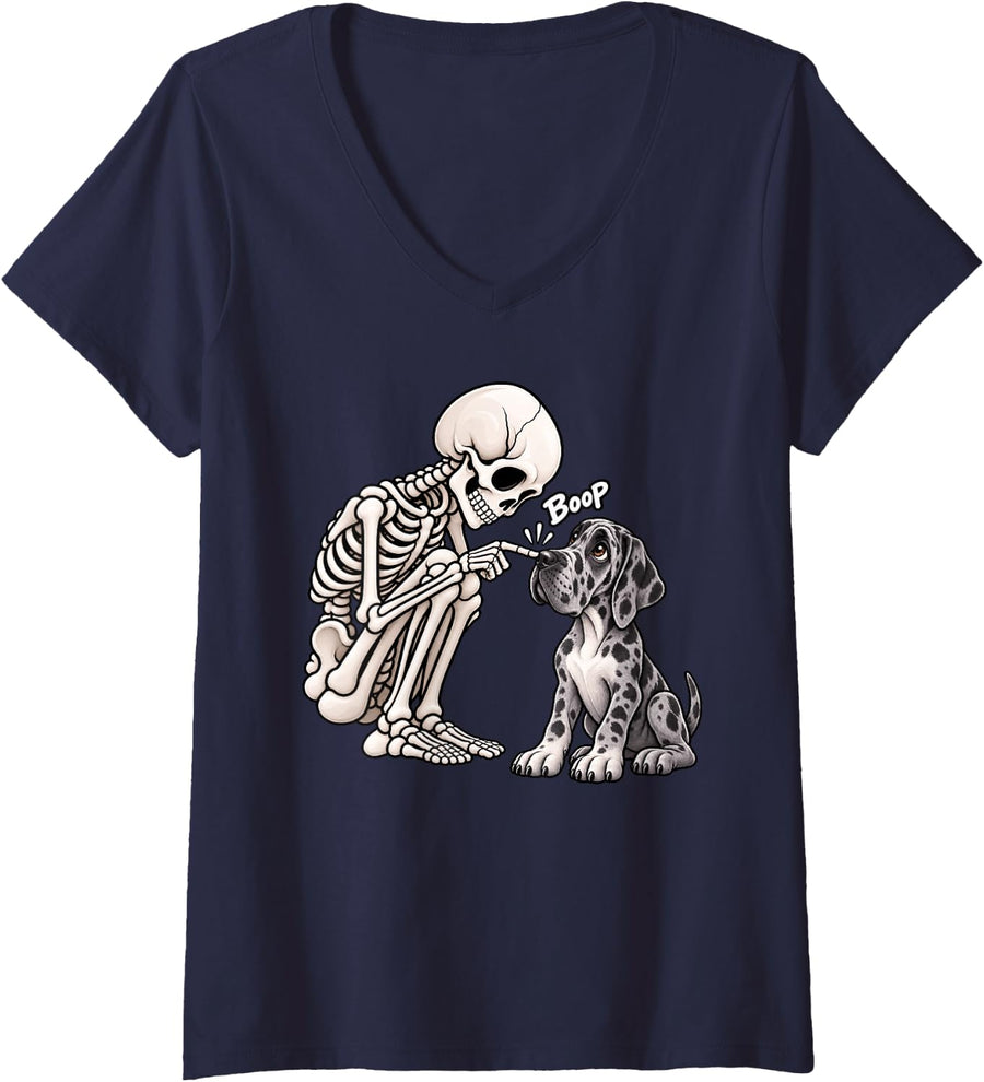 Women's Funny Skeleton Great Dane Boop Halloween Dog Lover Mom V-Neck T-Shirt - Navy Blue