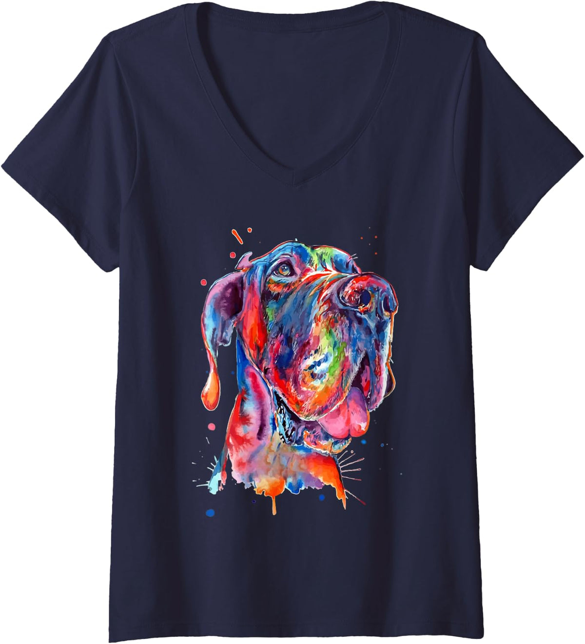 Women's Great Dane Splash Art Dane V-Neck T-Shirt - Navy Blue
