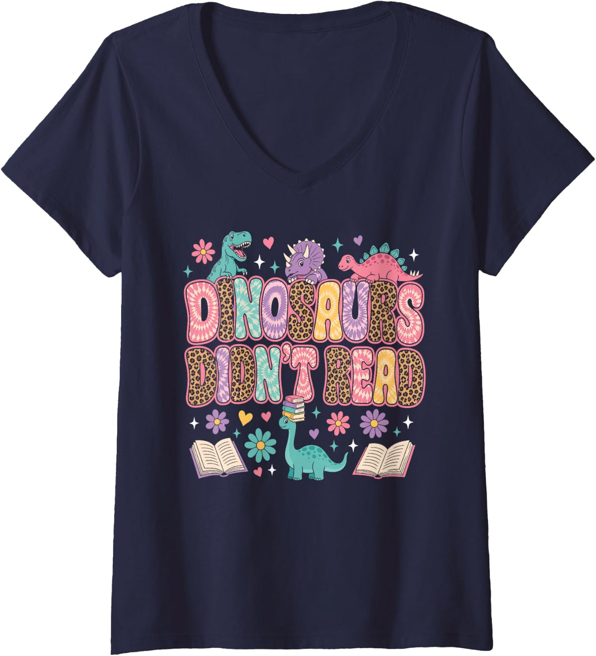 Women's Dinosaurs Didnt Read Groovy Reading Teacher Women V-Neck T-Shirt - Navy Blue