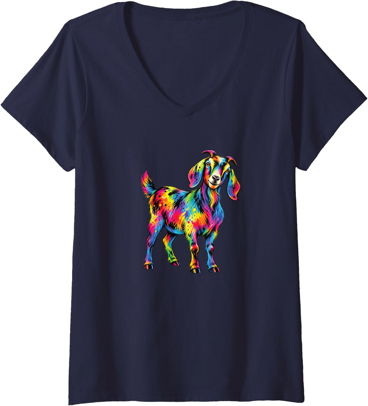 Women's Cute Goat Tie Dye V-Neck T-Shirt - Navy Blue