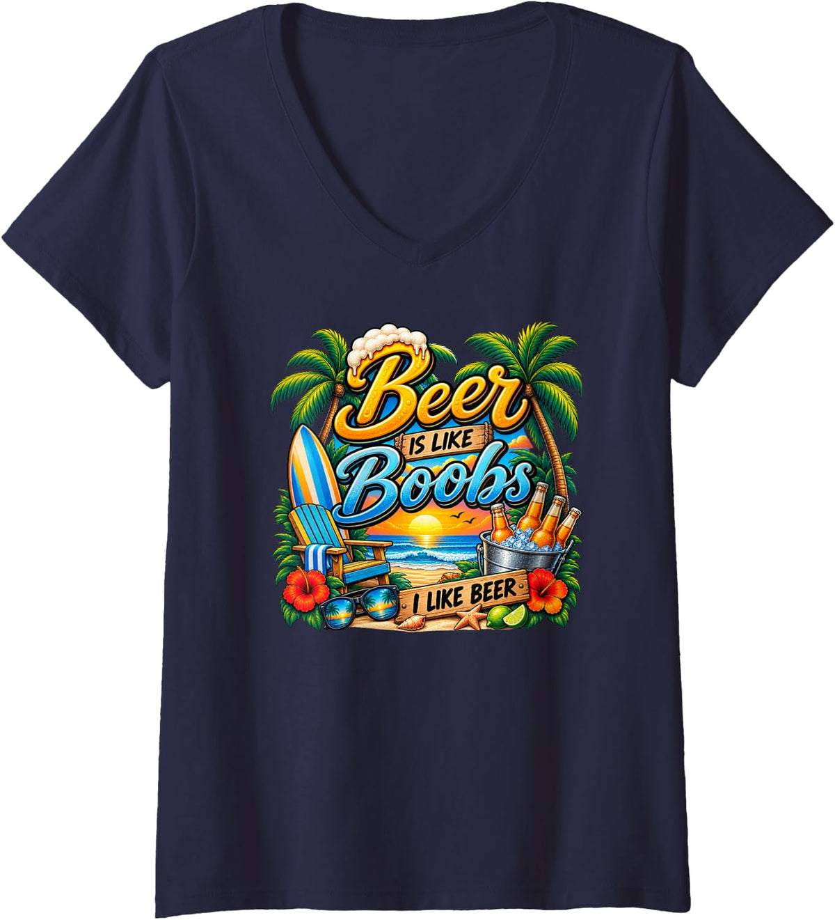 Women's Beer is Like Boobs Funny Beach Drinking Men Women V-Neck T-Shirt - Navy Blue