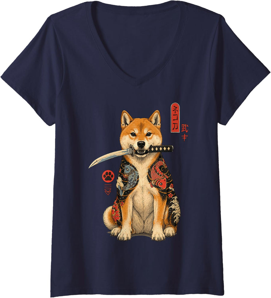 Women's Shiba Inu Dog Samurai Japanese Samurai Warrior V-Neck T-Shirt - Navy Blue