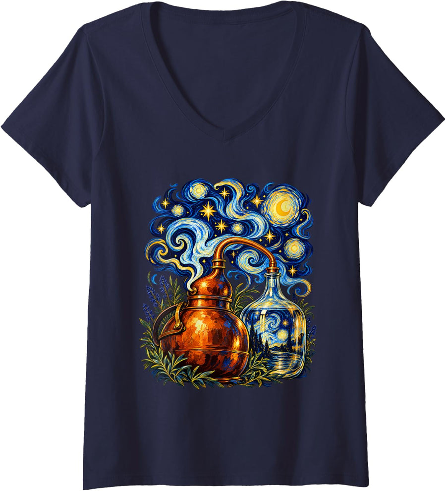 Women's Starry Night Van Gogh Home Brewing Copper Kettle Beer Maker V-Neck T-Shirt - Navy Blue