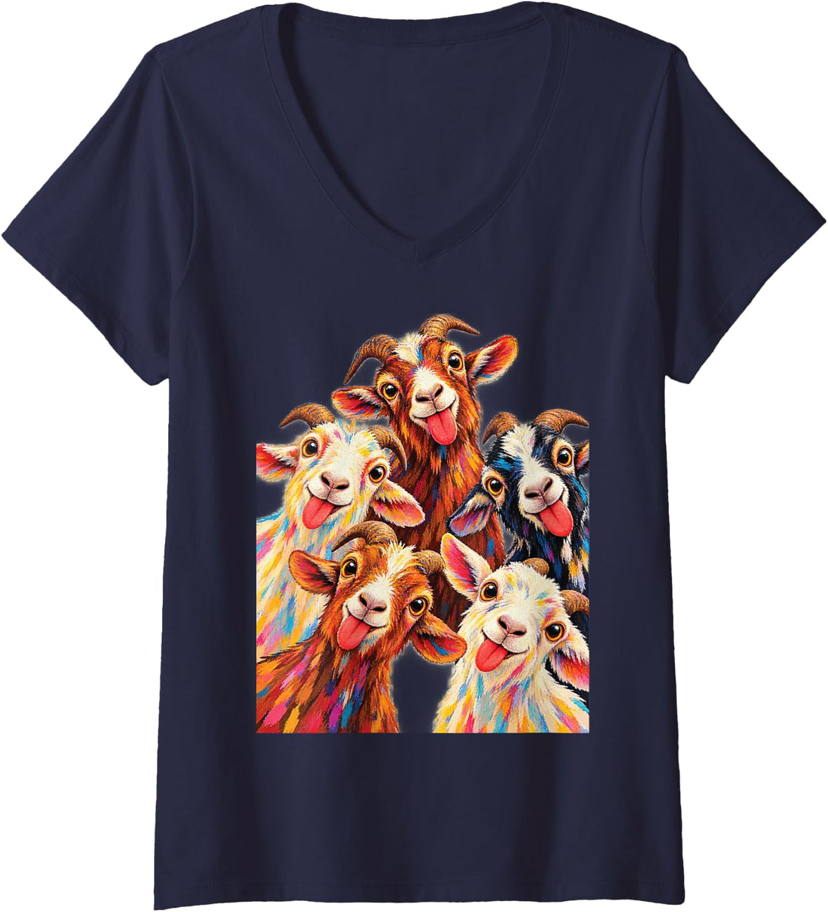 Women's Cute Goats V-Neck T-Shirt - Navy Blue