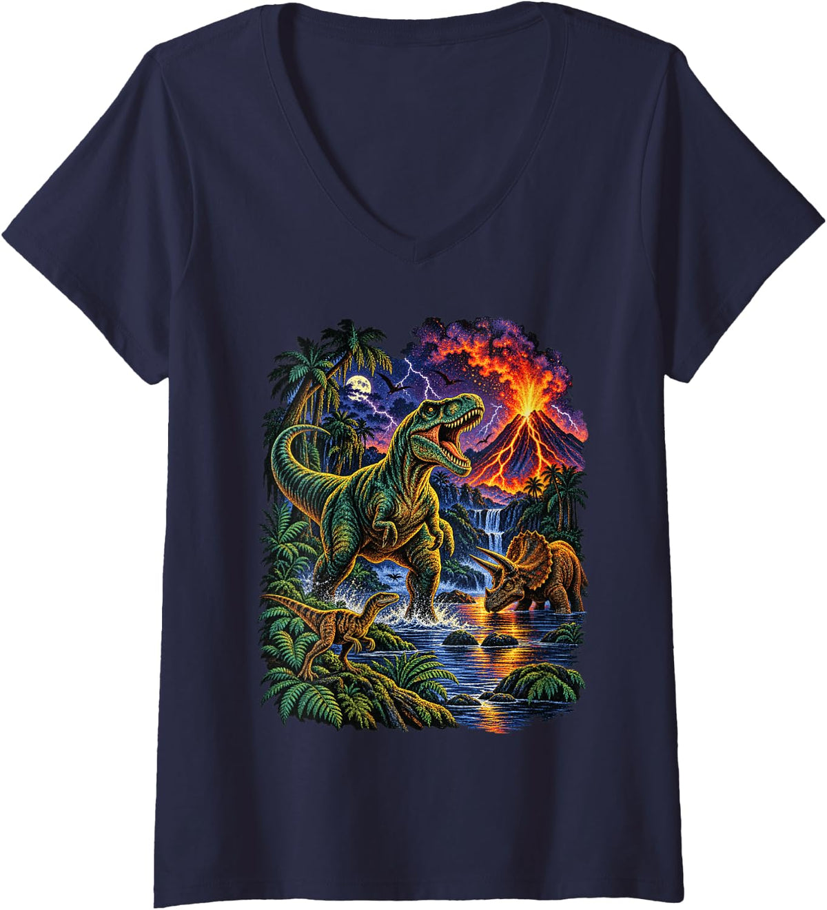 Women's Funny Dinosaur Retro Vintage Dinosaurs Prehistoric Animal V-Neck T-Shirt - Navy Blue