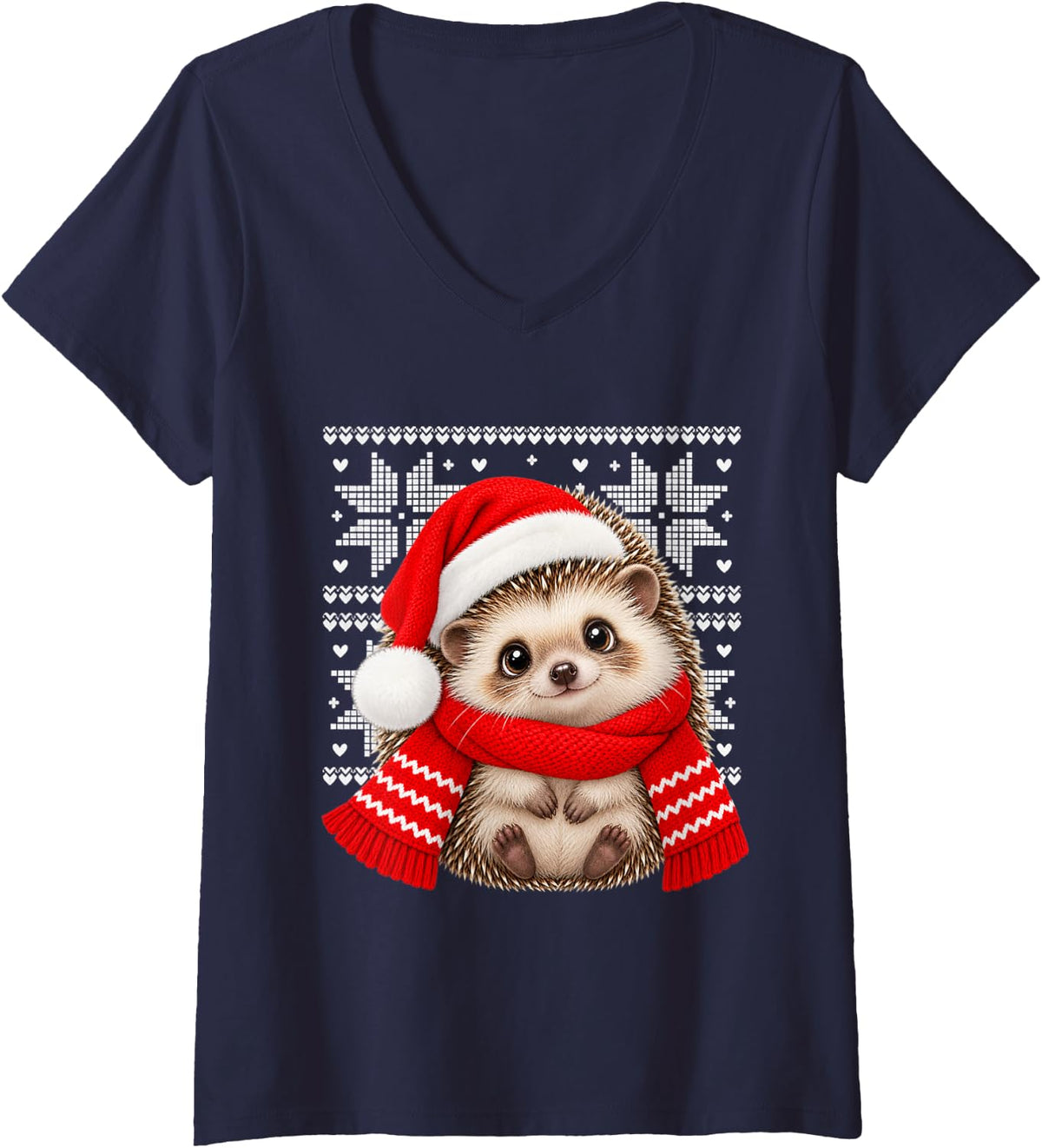 Women's Ugly Christmas Great Dane Scarf Holiday Cute Kids V-Neck T-Shirt - Navy Blue