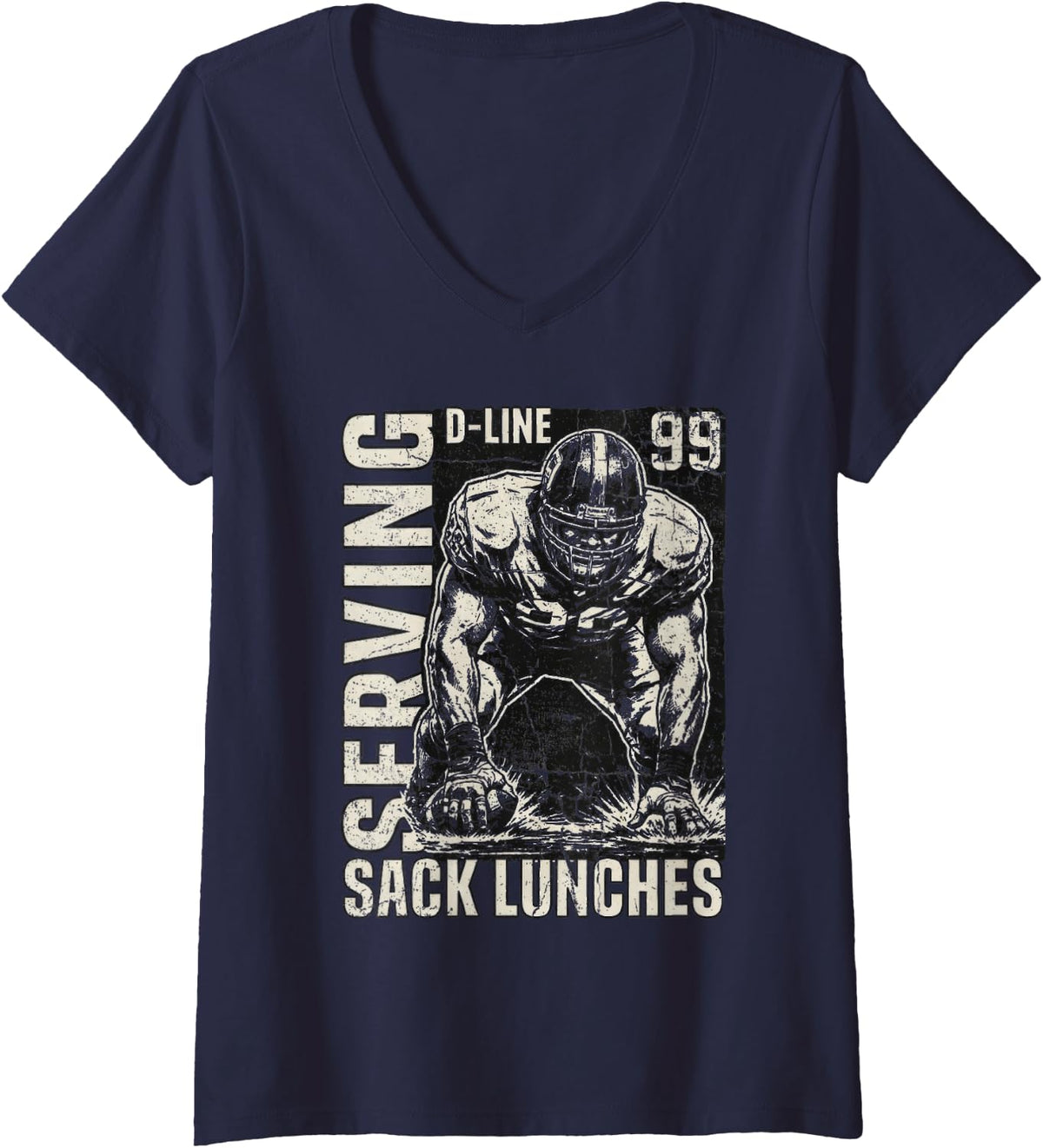 Women's Serving Sack Lunches Football Defensive Lineman Distressed V-Neck T-Shirt - Navy Blue