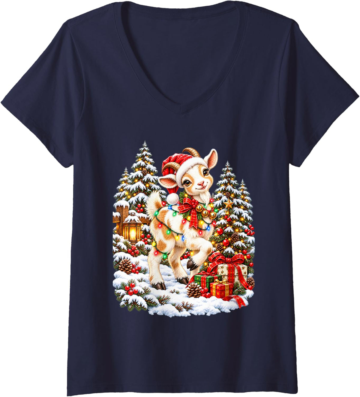 Women's Adorable Goat Holiday Santa Snow Scene V-Neck T-Shirt - Navy Blue
