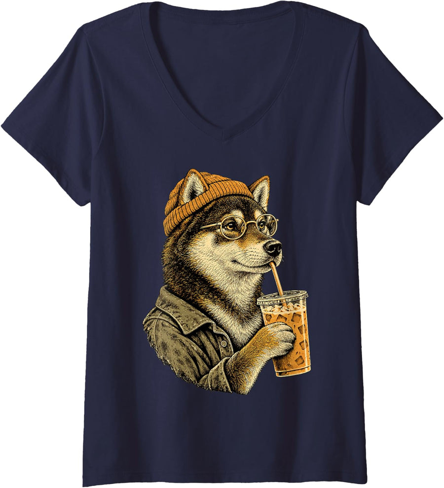 Women's Shiba Inu Dog Hipster Iced Coffee Funny Shiba Inu V-Neck T-Shirt - Navy Blue
