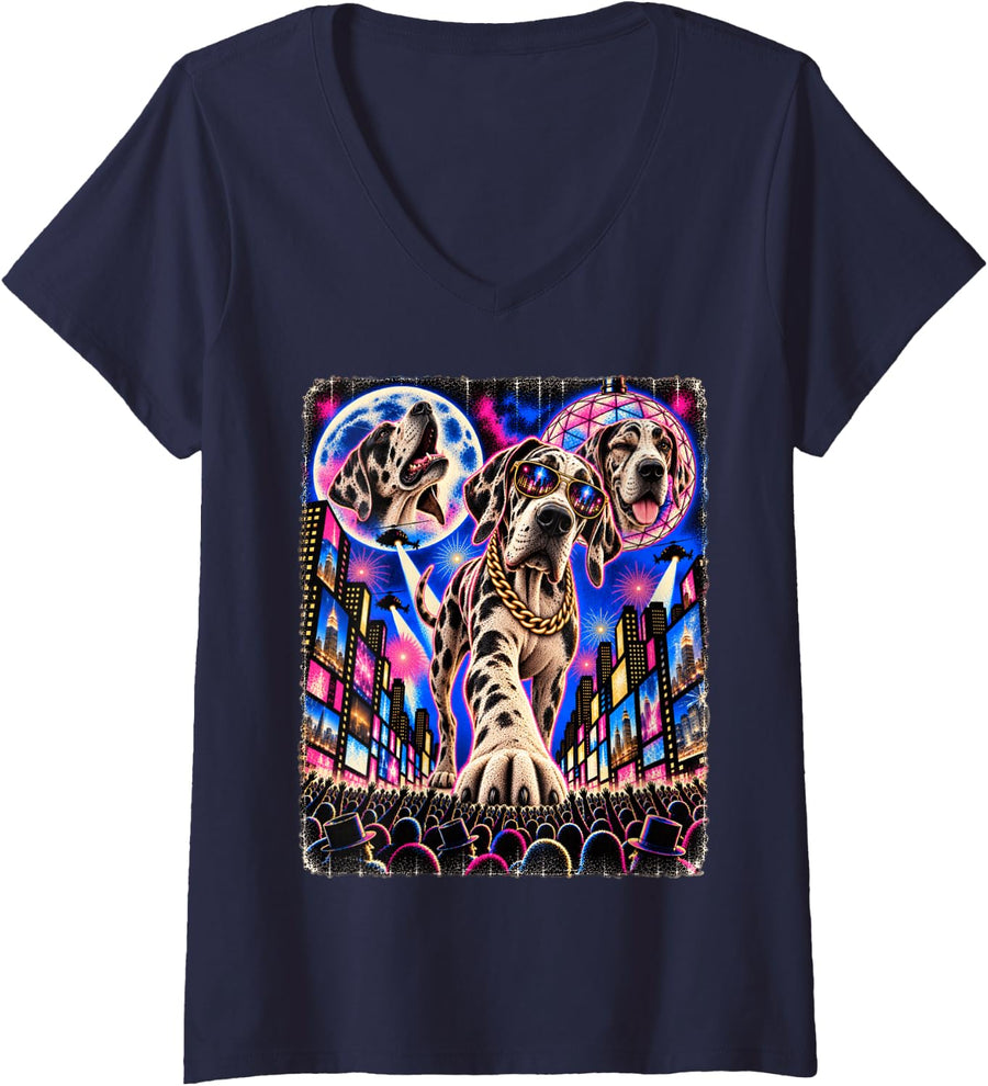 Women's Great Dane Times Square Hip Hop Party Cool Sunglasses Chain V-Neck T-Shirt - Navy Blue