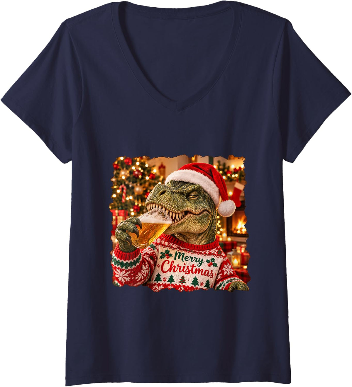 Women's Merry Christmas Dinosaur Lovers Funny Holiday Party V-Neck T-Shirt - Navy Blue
