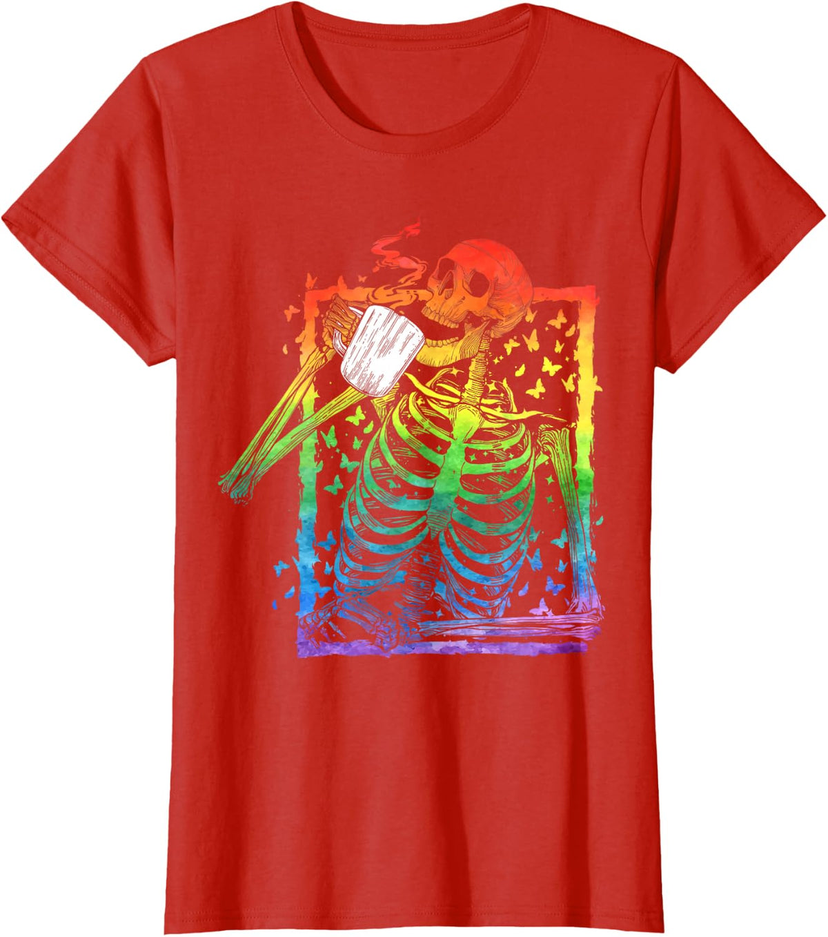 Rainbow Skeleton Drinking Coffee LGBT Pride Month Halloween T-Shirt - Red