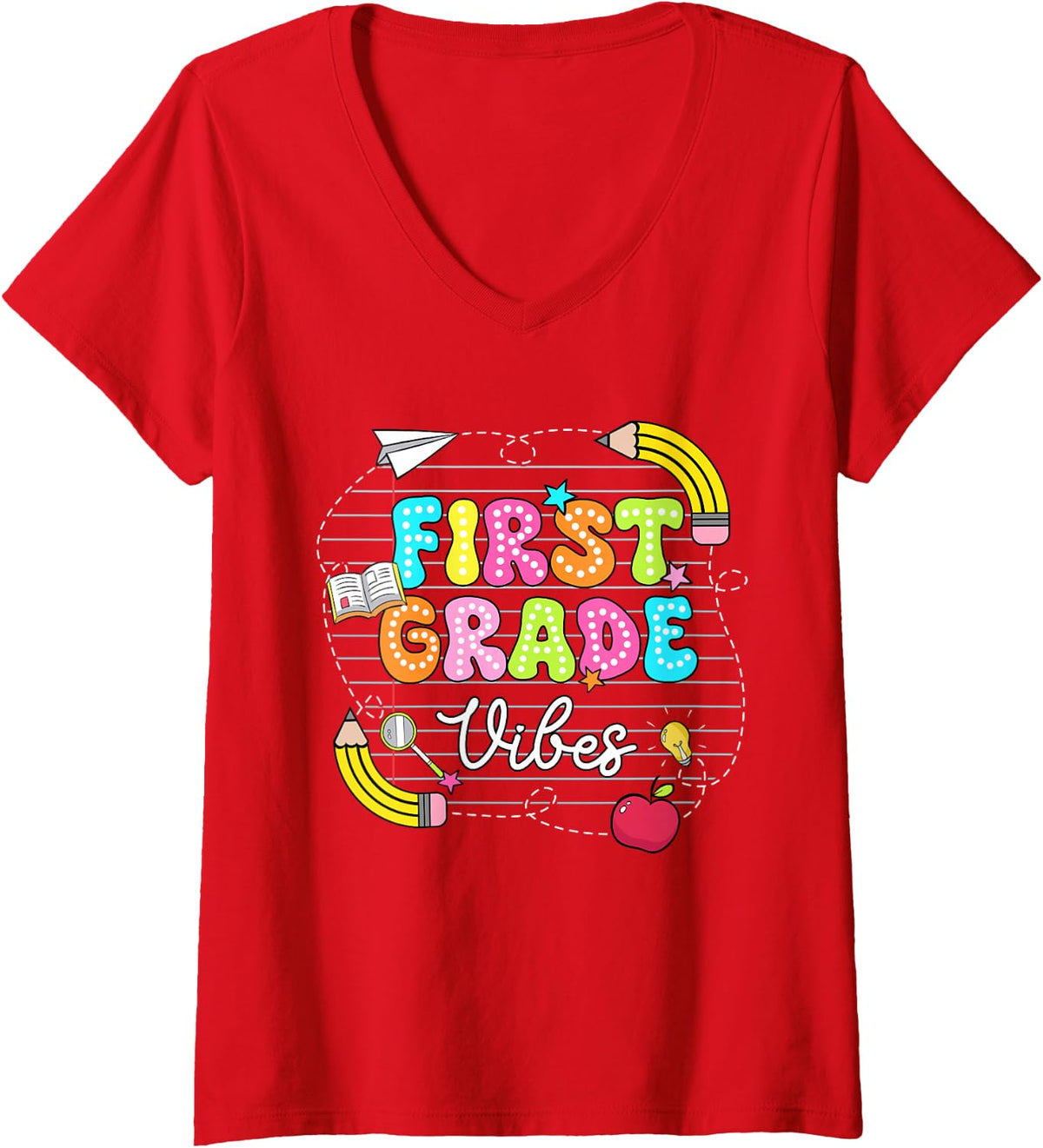 Women's First Grade Vibes First Day Back to School Student Teacher V-Neck T-Shirt - Red
