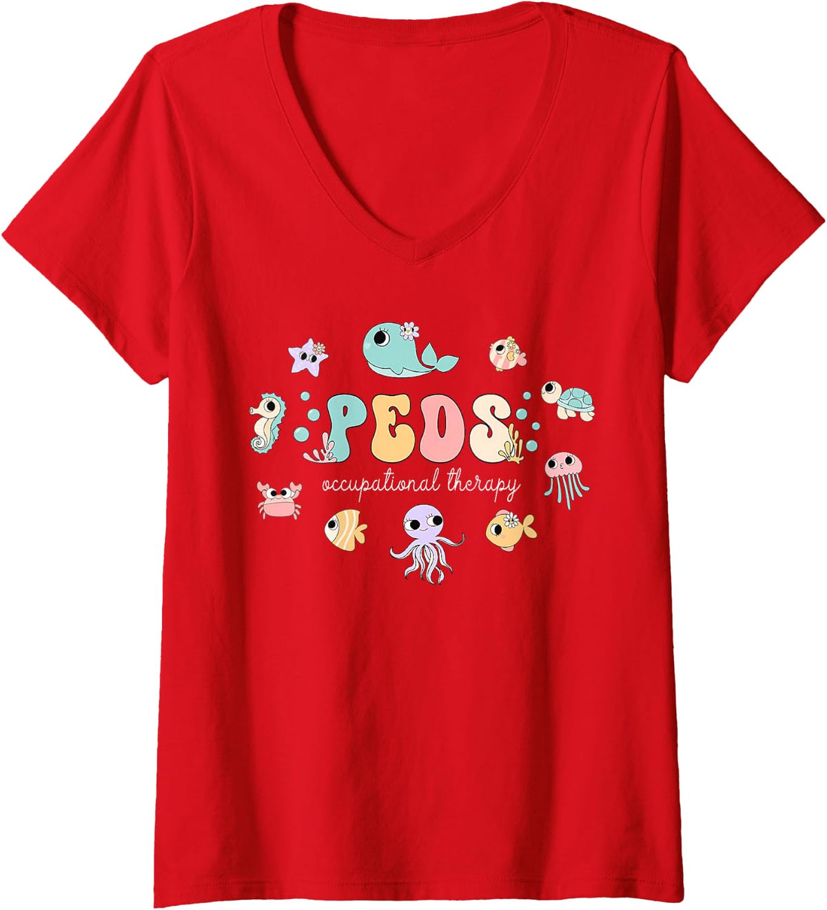 Women's PEDS Occupational Therapy Ocean Animal Pediatric OT Therapy V-Neck T-Shirt - Red