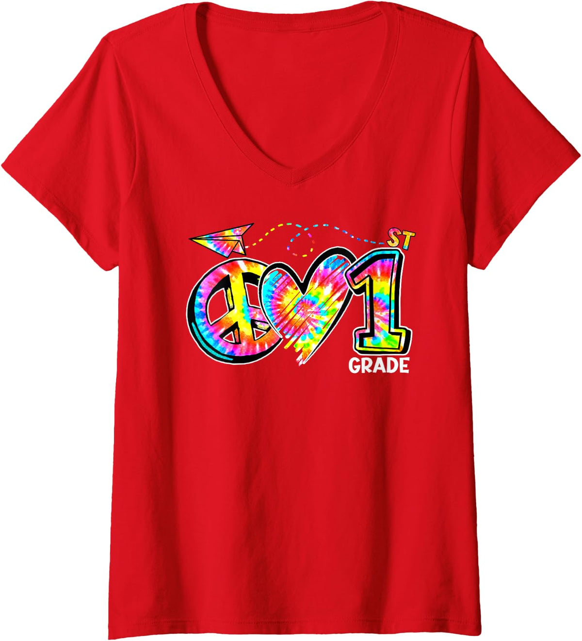 Women's Peace Love and 1st Grade Girl Boy Kids Teacher Tie-dye V-Neck T-Shirt - Red