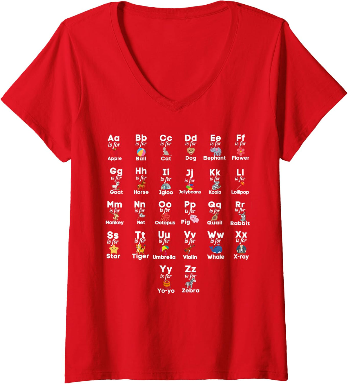 Women's A to Z Alphabet Pre-School Kindergarten Teacher Student Kids V-Neck T-Shirt - Red