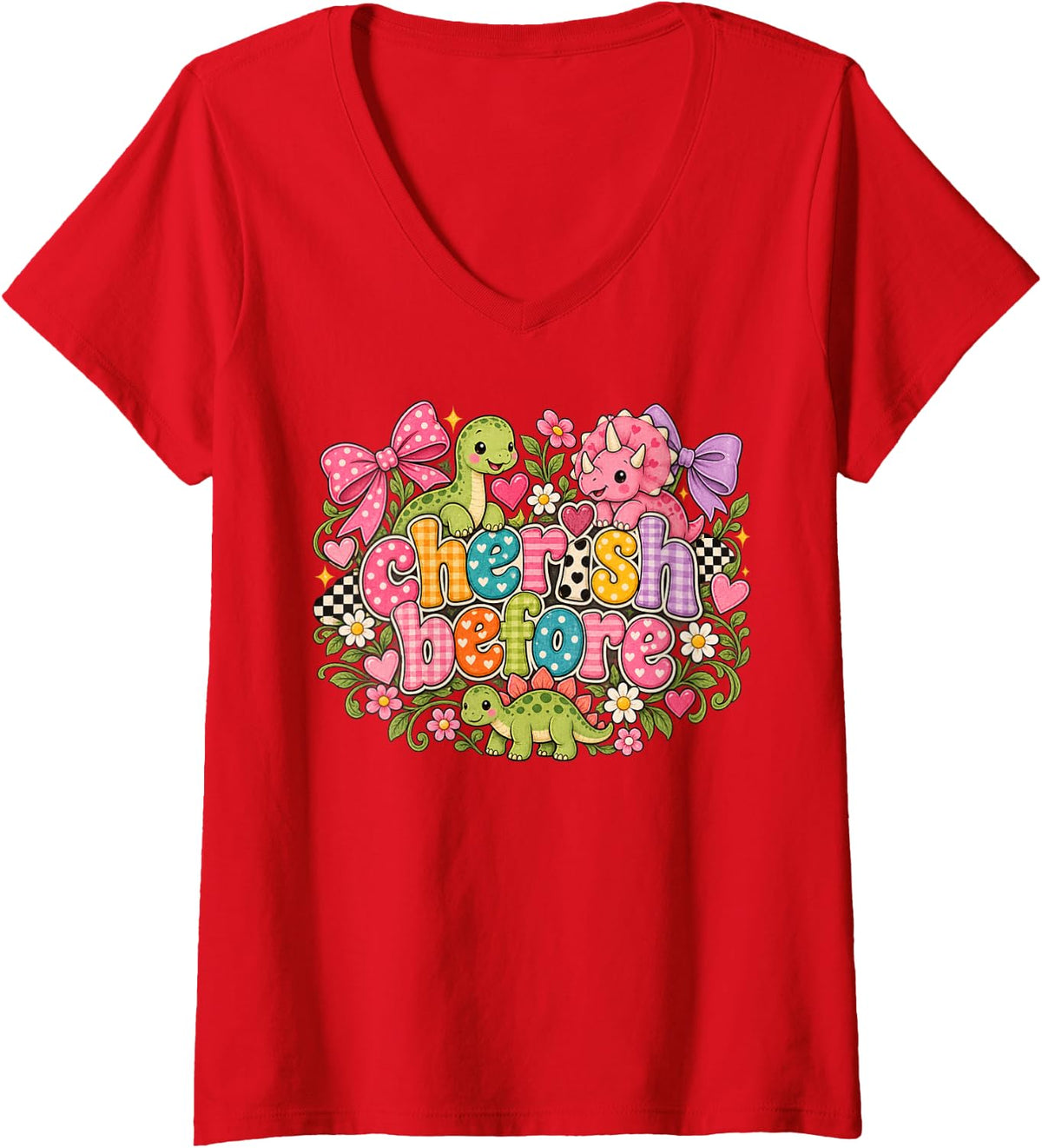 Women's Cute Dinosaur Lover Pastel Dino Hearts V-Neck T-Shirt - Red
