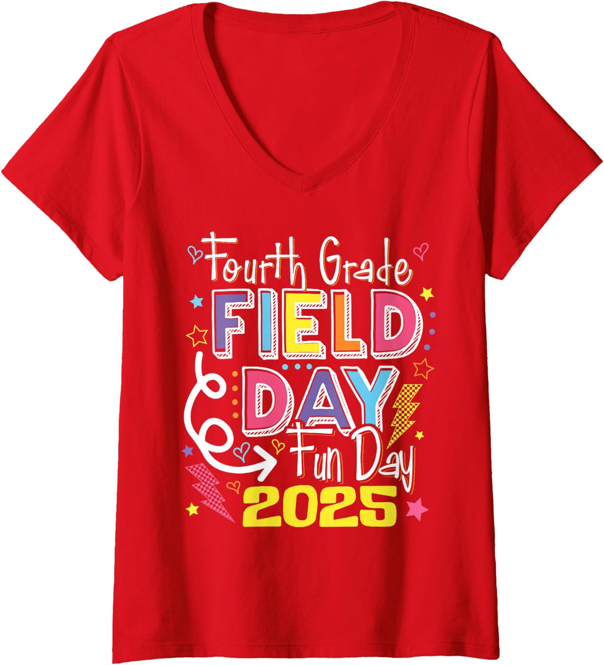 Women's Fourth Grade Field Day Fun Day 2025 School Field Day Teacher V-Neck T-Shirt - Red