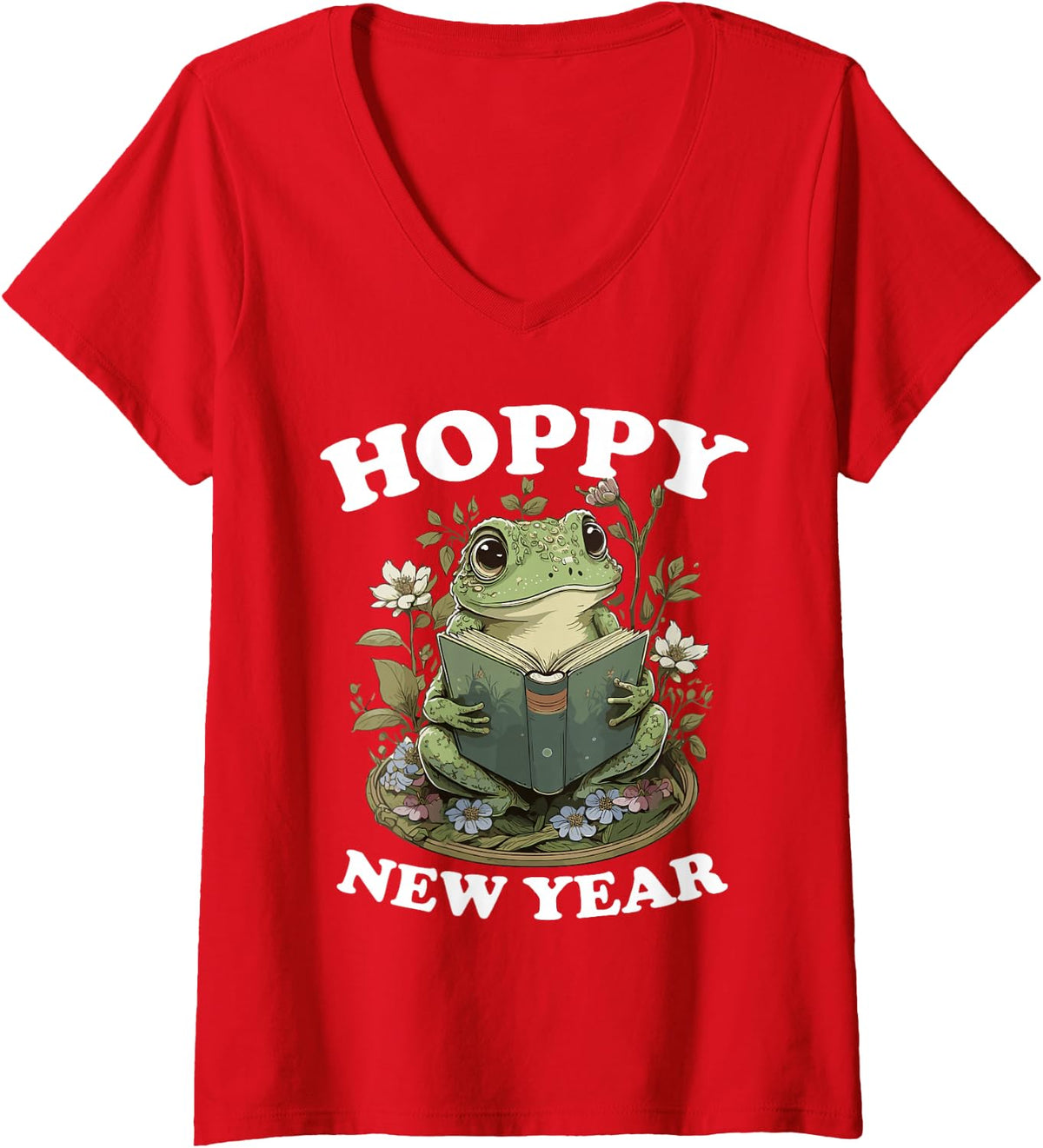 Women's Hoppy New Year 2024 Funny New Years Frog Pun Kawaii Unisex V-Neck T-Shirt - Red