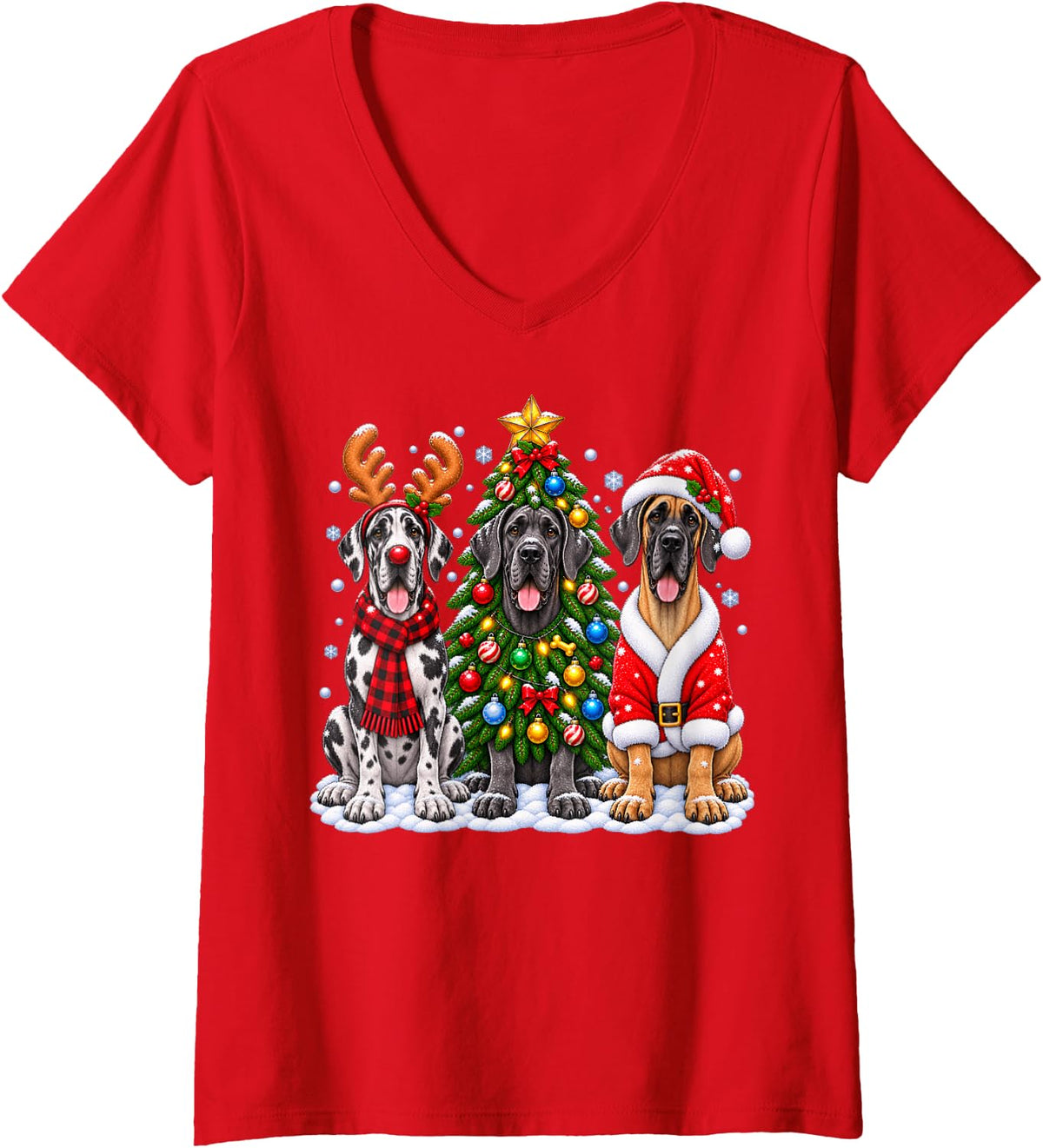 Women's Great Dane Dog Merry Christmas Santa Hat Holidays Xmas V-Neck T-Shirt - Red