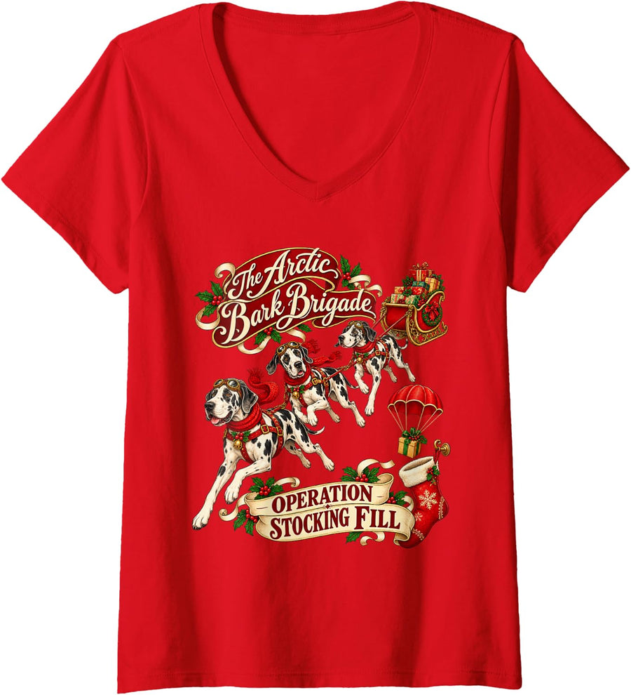 Women's Great Dane Dog Christmas Arctic Brigade V-Neck T-Shirt - Red