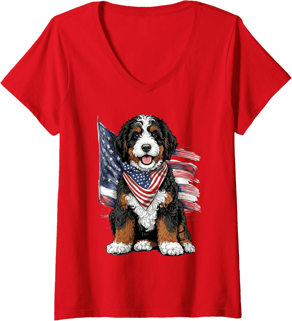 Women's Bernedoodle 4th of July Patriotic Dog V-Neck T-Shirt - Red