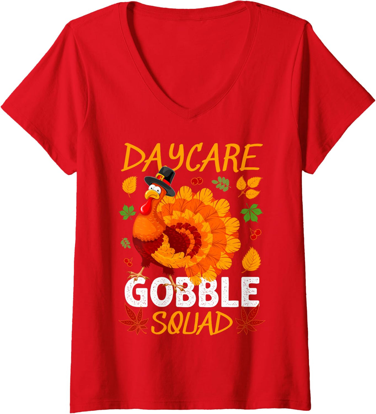 Women's Daycare Gobble Squad Thanksgiving Turkey V-Neck T-Shirt - Red