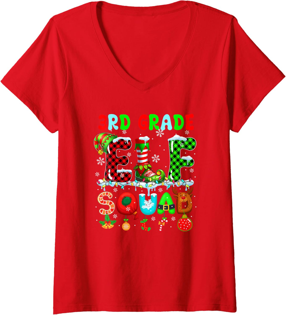 Women's 3rd Grade Elf Squad Christmas Colorful Teacher Students Team V-Neck T-Shirt - Red