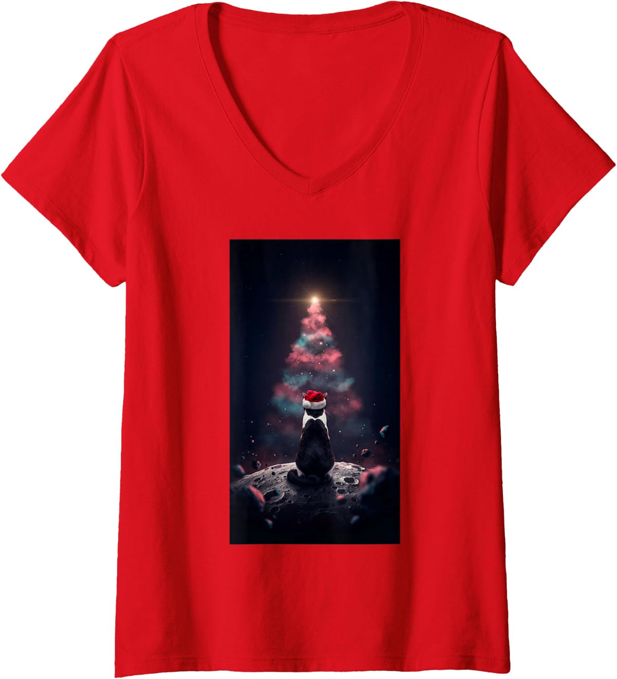 Women's Tuxedo Cat Santa Hat Nebula Christmas Tree Space Cat Lover V-Neck T-Shirt - Red