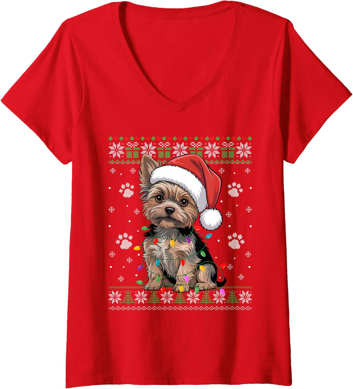 Womens Yorkie Christmas Ugly Sweater Funny Dog Lover Xmas V-Neck T-Shirt - Red