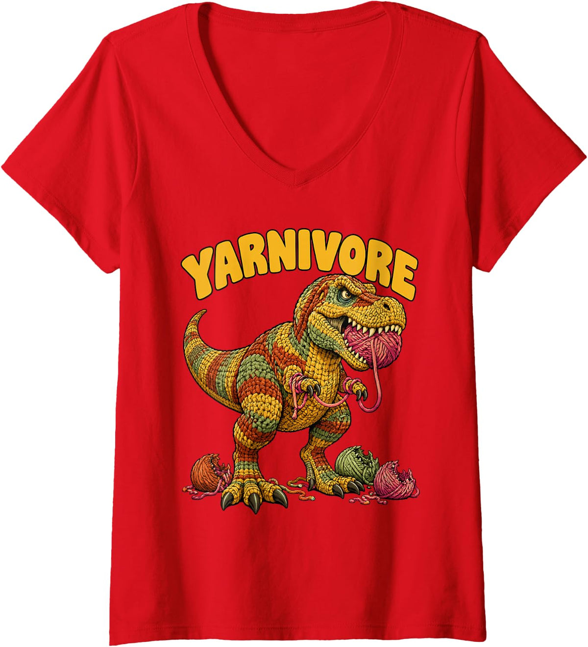 Women's Yarnivore Crochet Dinosaur Trex Yarn Lover Funny V-Neck T-Shirt - Red