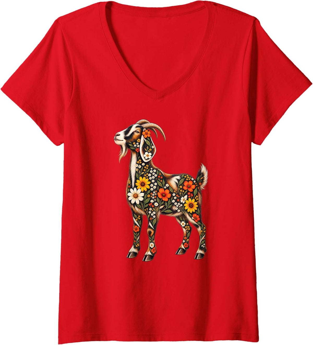 Women's Floral Goat V-Neck T-Shirt - Red