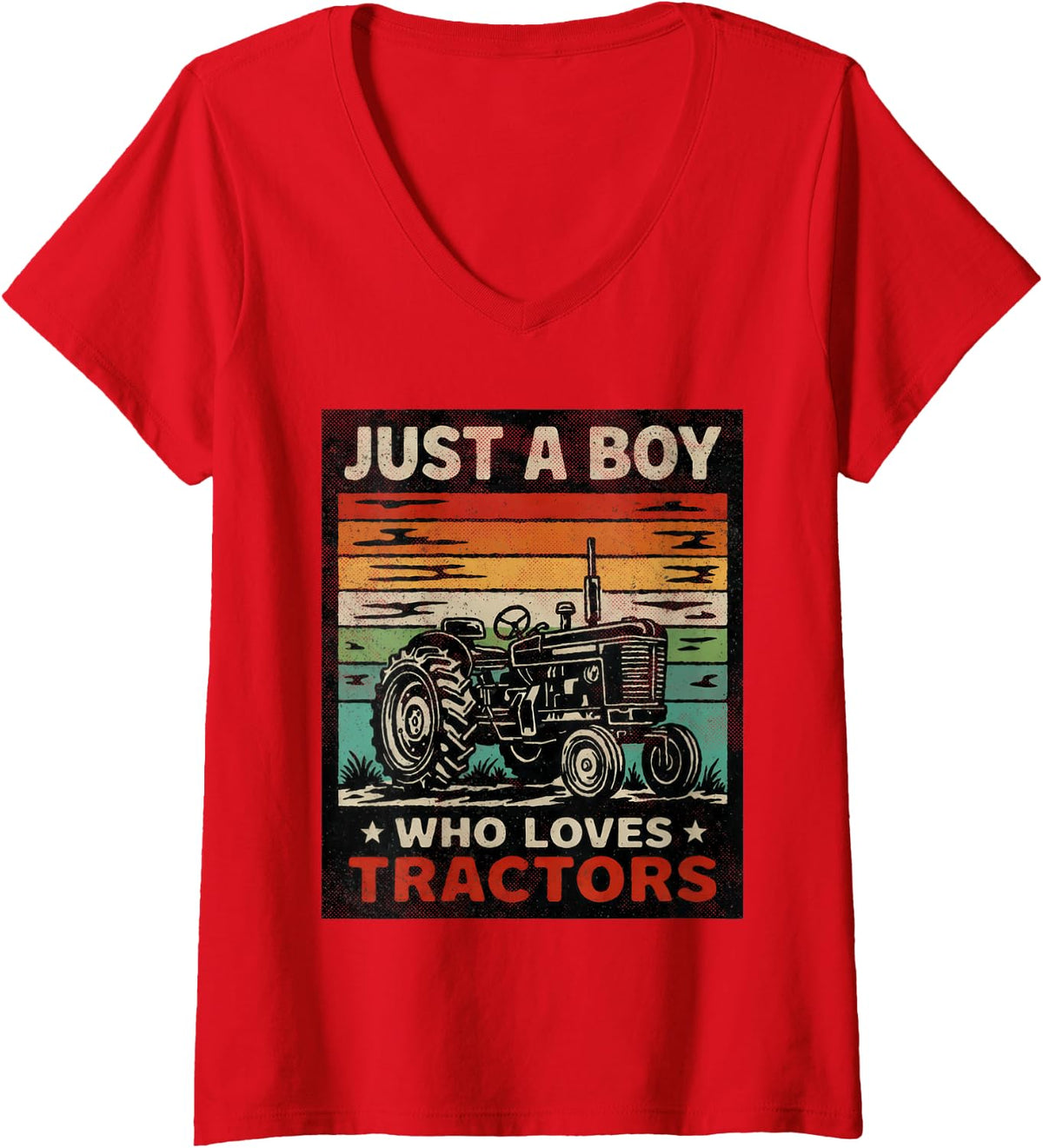 Women's Just A Boy Who Loves Tractors Vintage Country Life V-Neck T-Shirt - Red