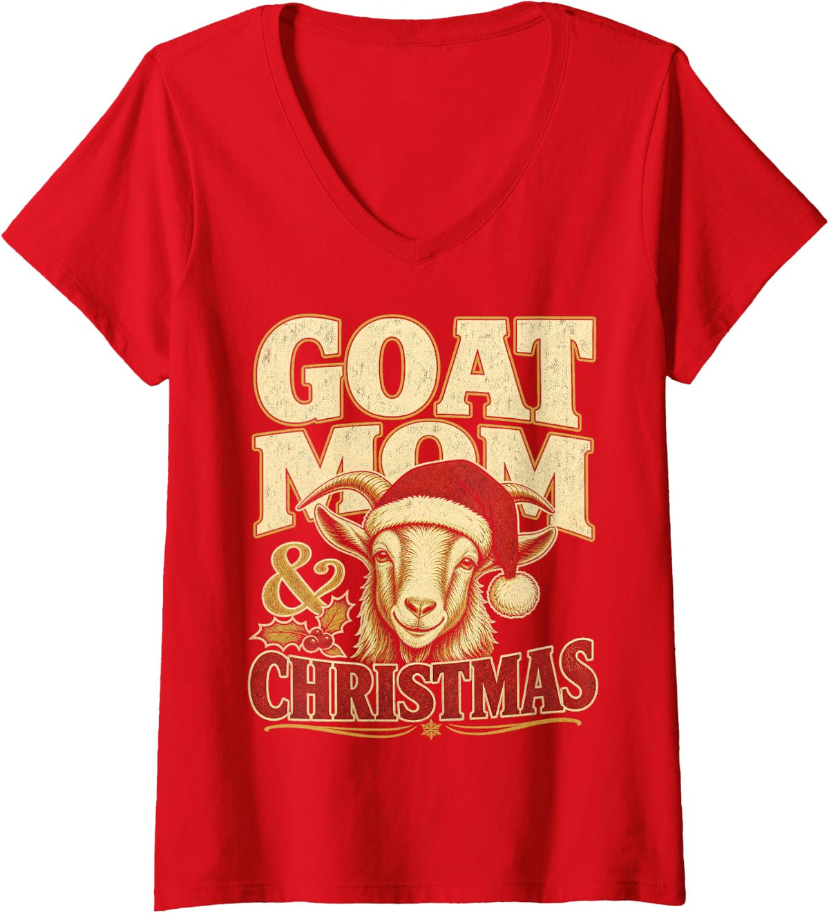 Women's Goat Mom and Christmas Santa Hat V-Neck T-Shirt - Red
