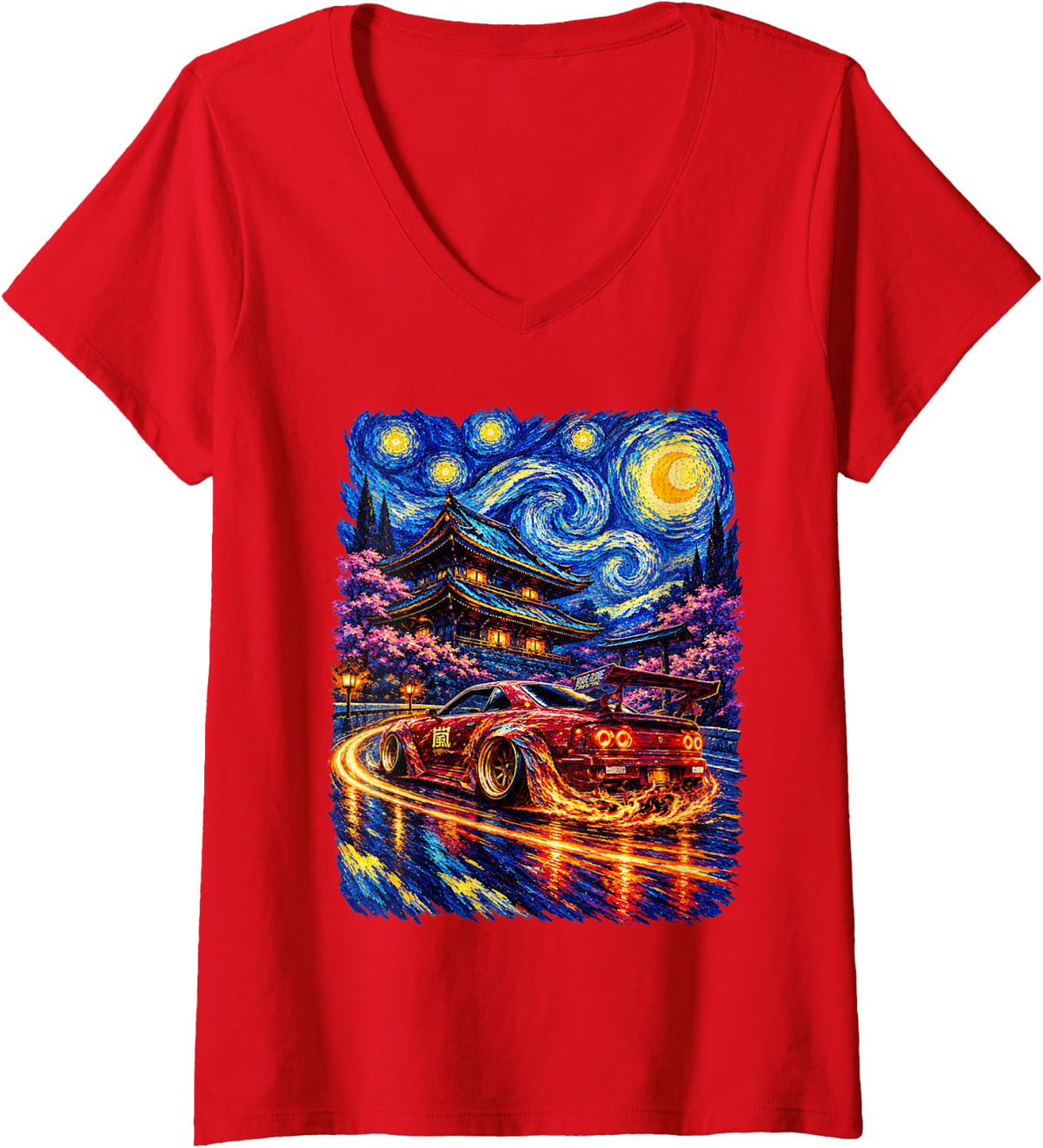 Women's Japanese Sports Car Drifting Racing Cars Gogh Art Drifts V-Neck T-Shirt - Red