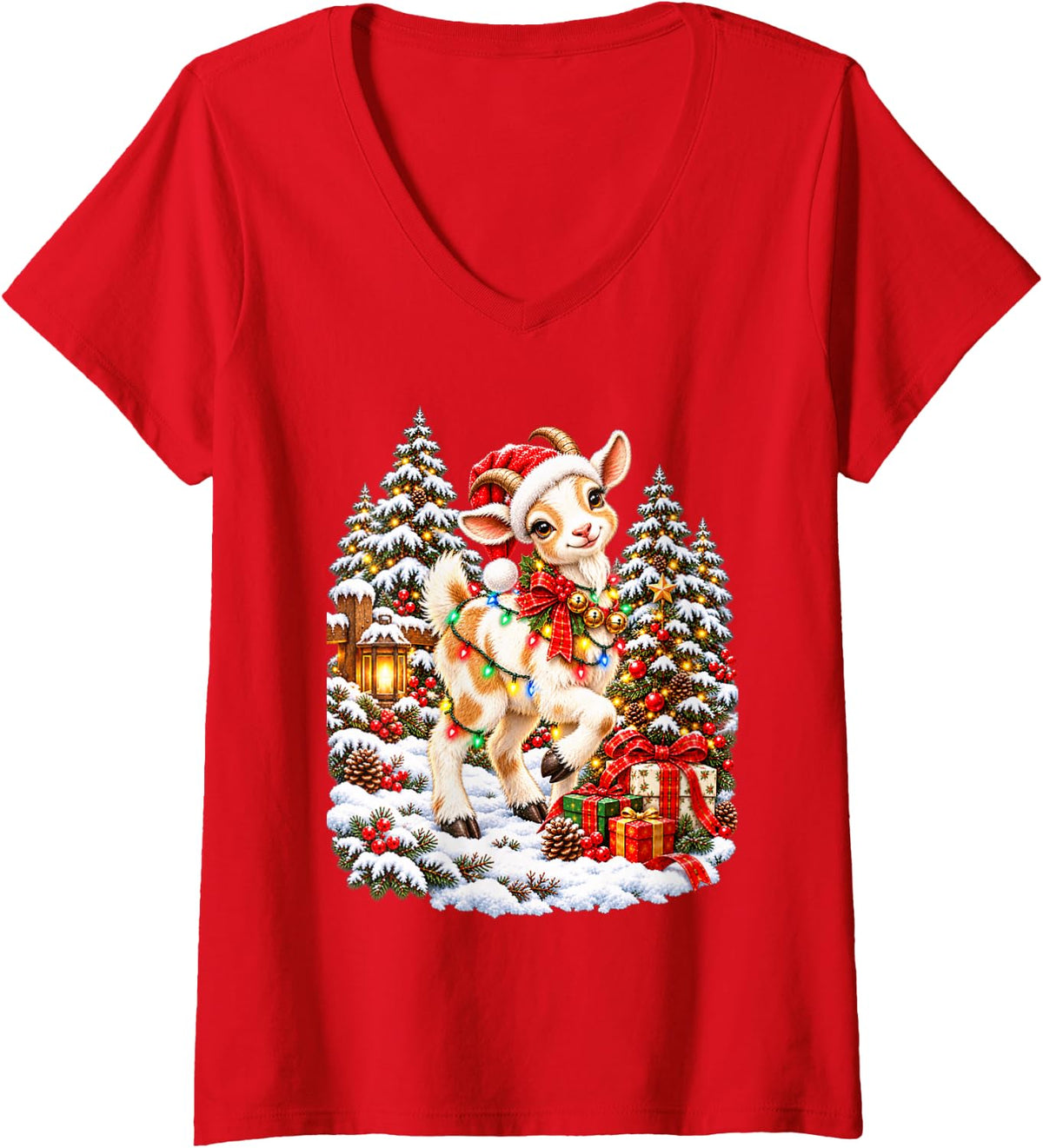 Women's Adorable Goat Holiday Santa Snow Scene V-Neck T-Shirt - Red